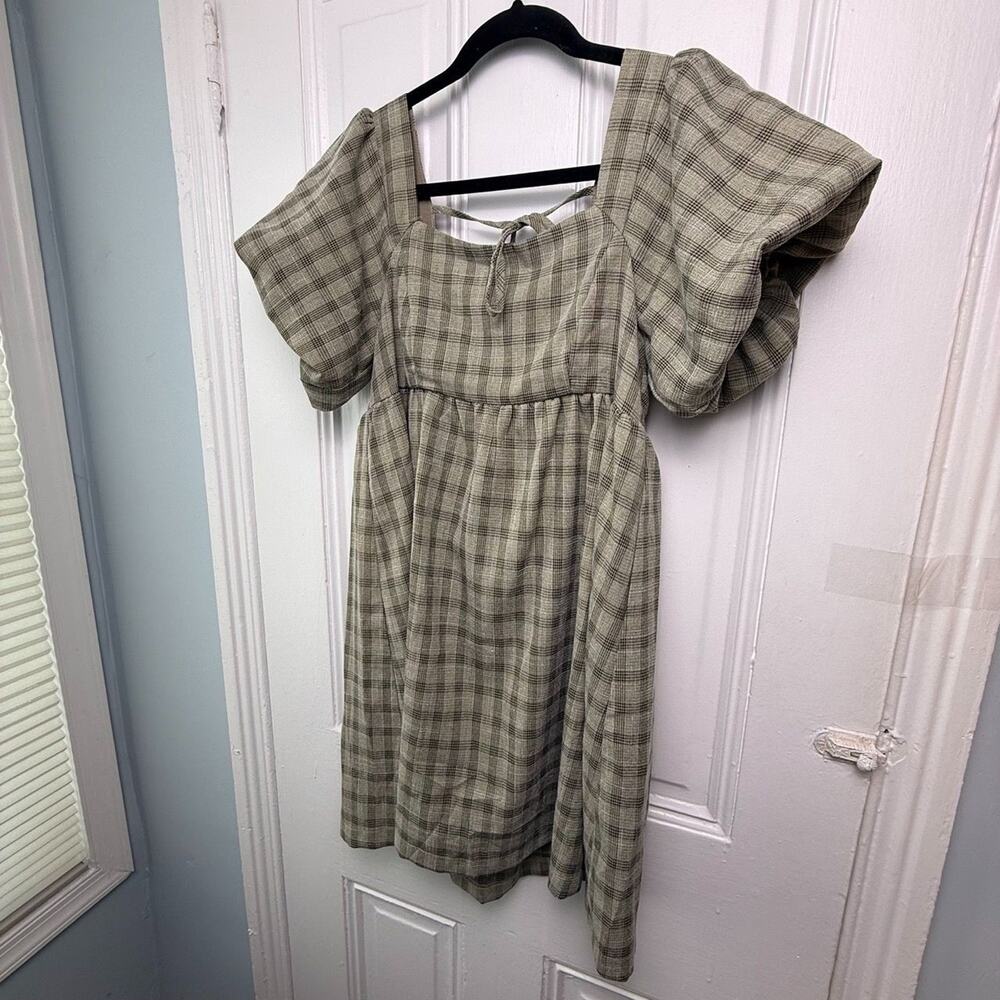 Babydoll Milkmaid Mini Dress Puff Sleeves Plaid Size Small Women